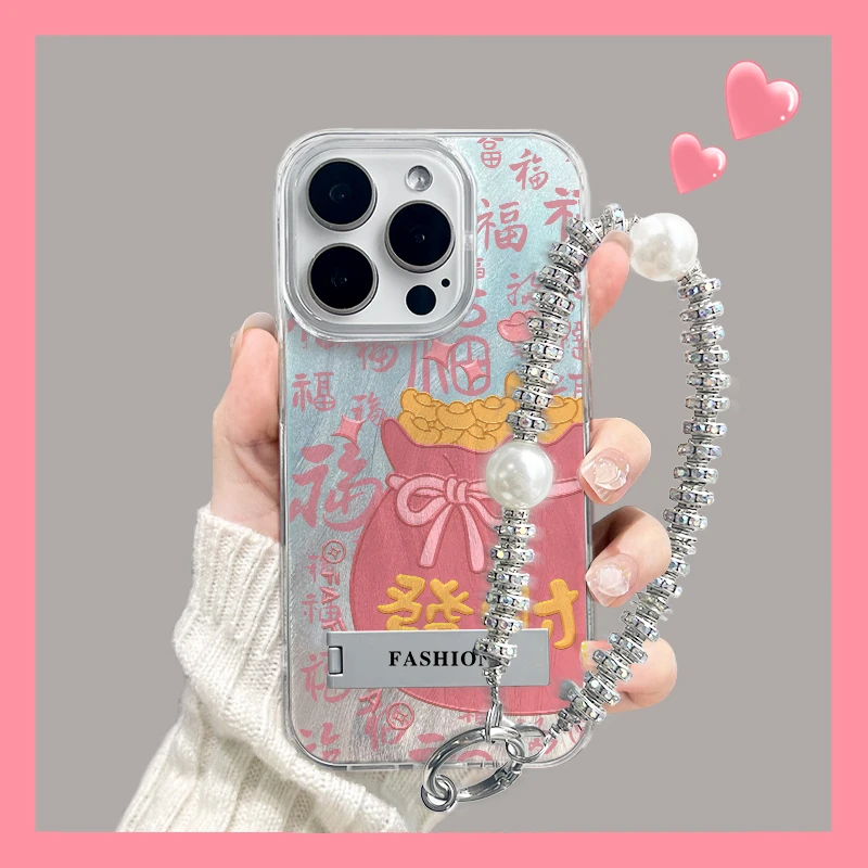 粉财钱兜适用苹果16Pro华为mate60小米vivo带支架新年手机壳