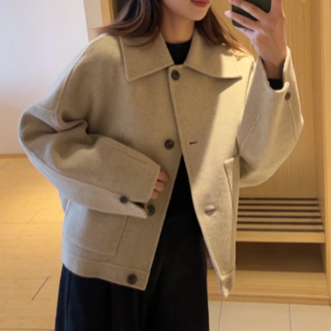 （清仓）小耶家 韩版宽松双面羊毛大衣 廓型短款毛呢外套