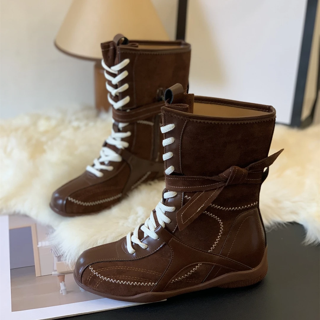 复古中筒西部牛仔靴女2025年秋季时尚设计感系带超火美拉德时装靴