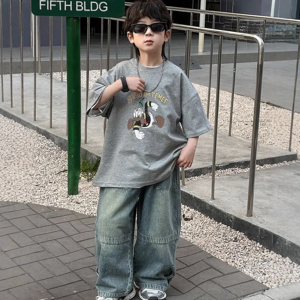 A.MU2025春夏新款儿童重磅230g纯棉卡通印花短袖T恤宽松男童上衣