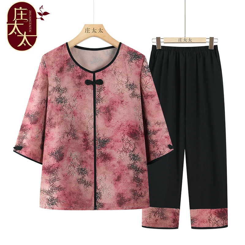 老年人夏季套装女奶奶圆领T恤2025年夏装新款老人套头衣服老太太