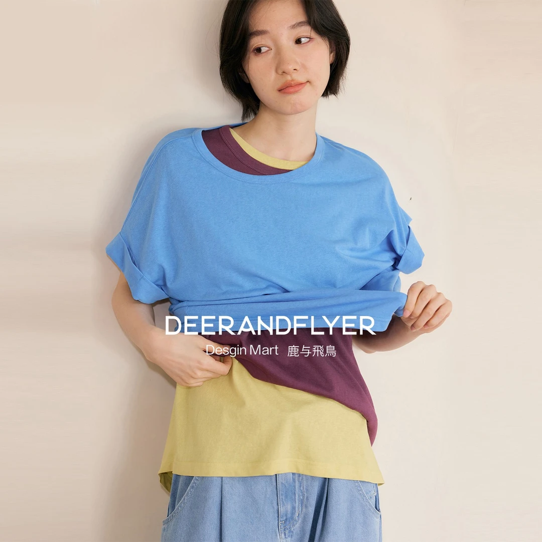鹿与飞鸟“维他命T”170g棉混纺竹节纹理三色圆领大版落肩T恤6804