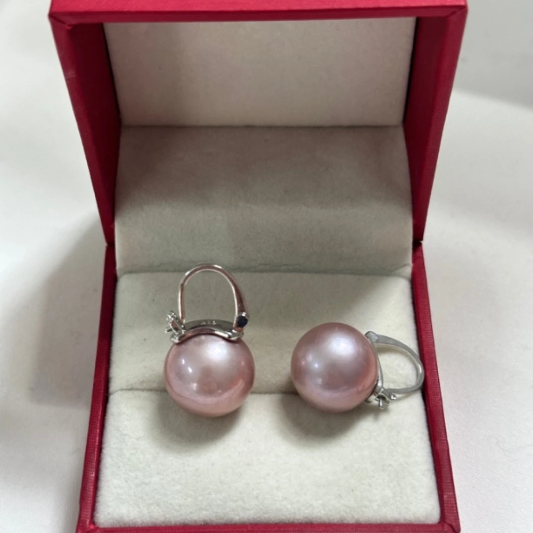 天然淡水珍珠14-15mm巨无霸正圆紫珠水桶耳扣R980