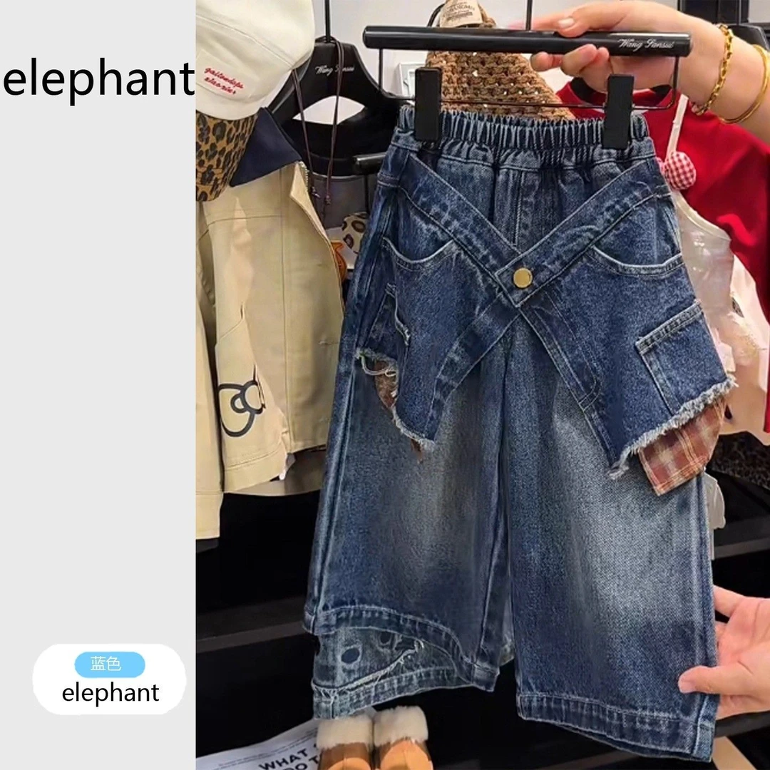 女童裤子秋装2025新款儿童时髦拼接牛仔阔腿裤宝宝宽松百搭炫酷