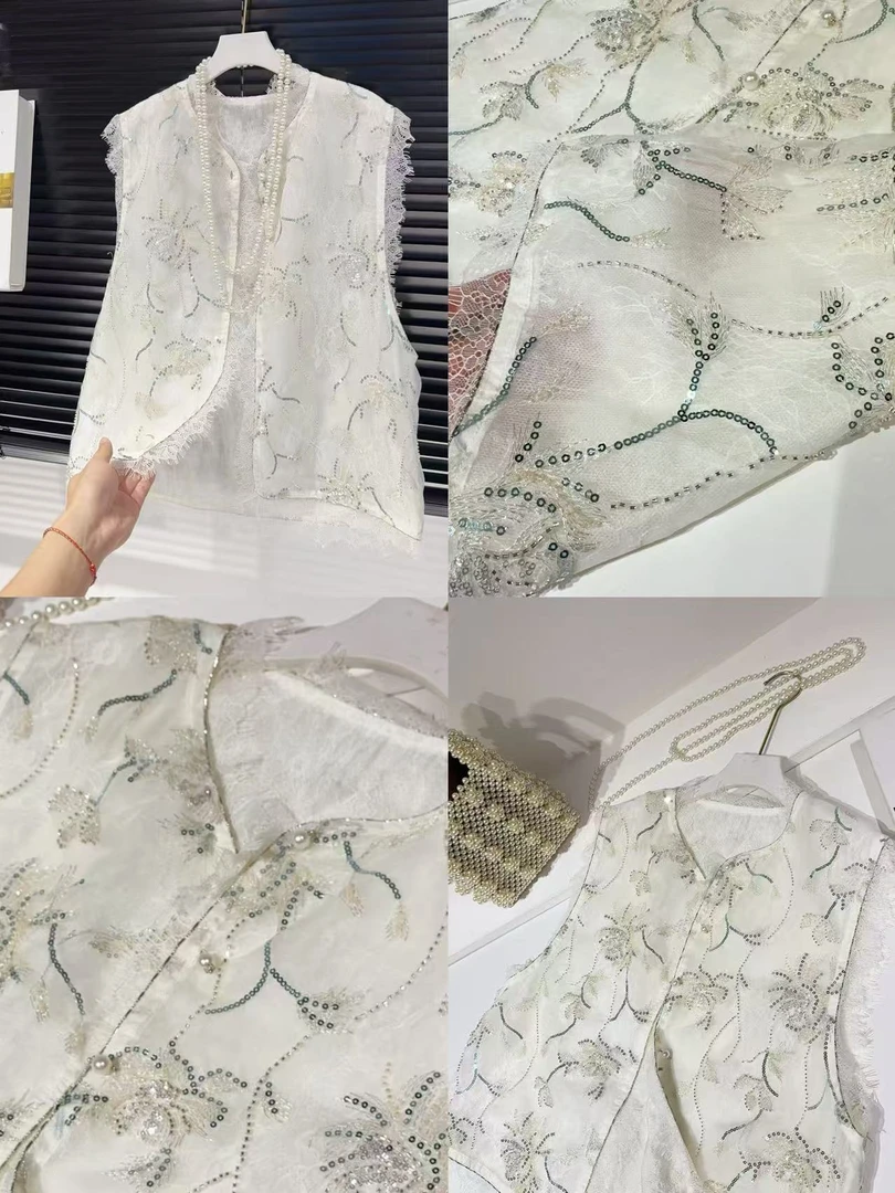 WYK M106长58重工钉珠亮片叠穿高级感蕾丝拼接时尚马夹上衣 1129
