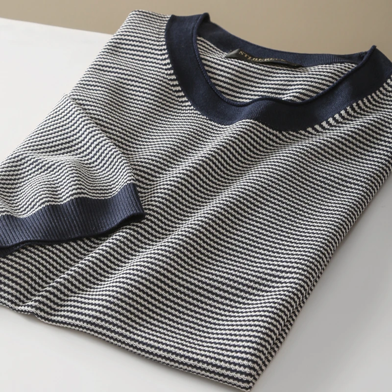 约文库费高端时尚春夏季男款短袖衫时尚圆领商务风休闲针织条纹款