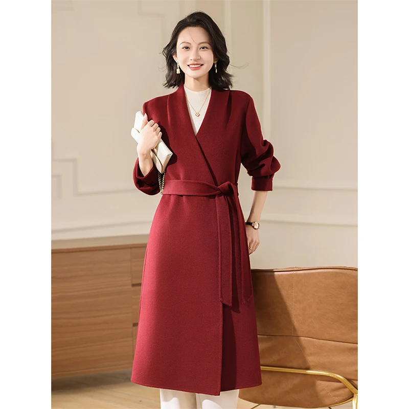 高级感无领腰带呢子大衣秋冬季大女主气质收腰时尚显瘦纯羊毛外套