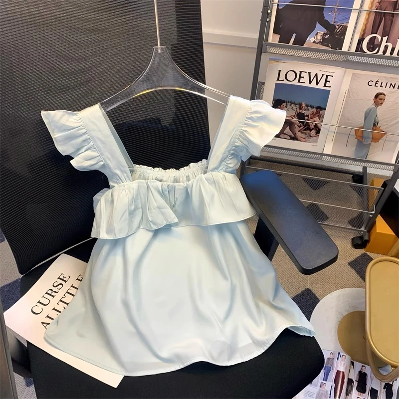 固质小飞袖背心女2025夏季荷叶边露肩无袖小衫薄荷曼波风绿色上衣