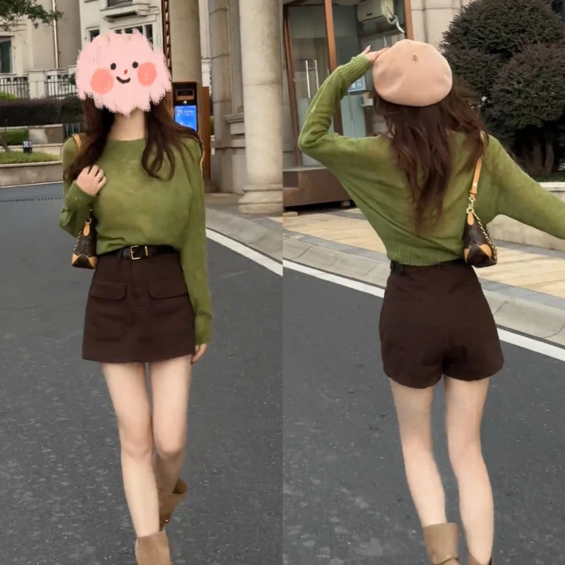 秋季纯色百搭高级小众套头长袖毛衫显瘦复古裙裤两件套