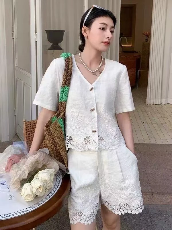 甜美风短裤套装夏季亚麻蕾丝
