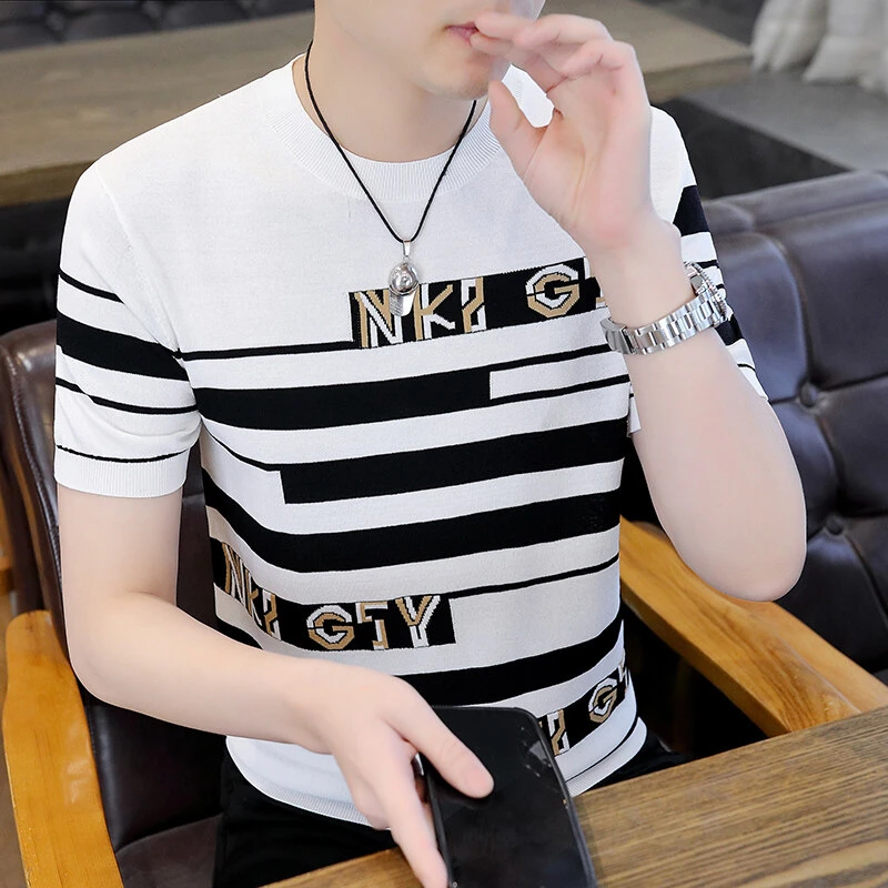 【高品质】2025夏季冰麻休闲短袖圆领T恤修身百搭潮流条纹5836 A