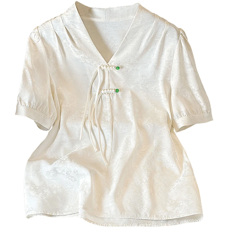 丝柏舍2025夏季新款女装新中式盘扣V领短袖提花套头衬衫S52R1717C