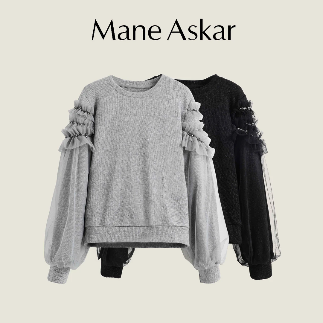 春季新款重工钉珠拼接网纱袖宽松卫衣女装OK01012