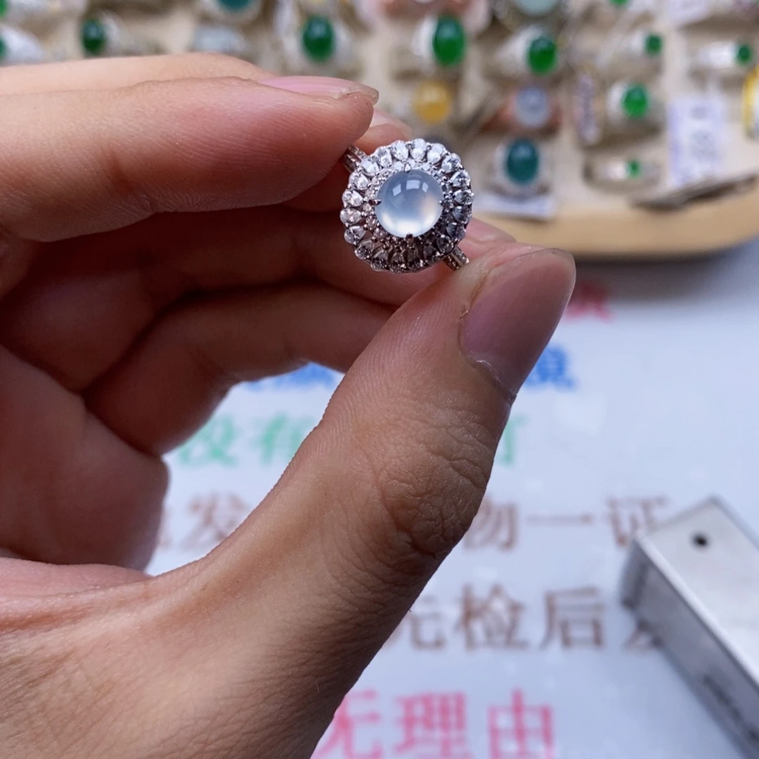 翡翠戒指银S925镶嵌天然缅甸翡翠a货
