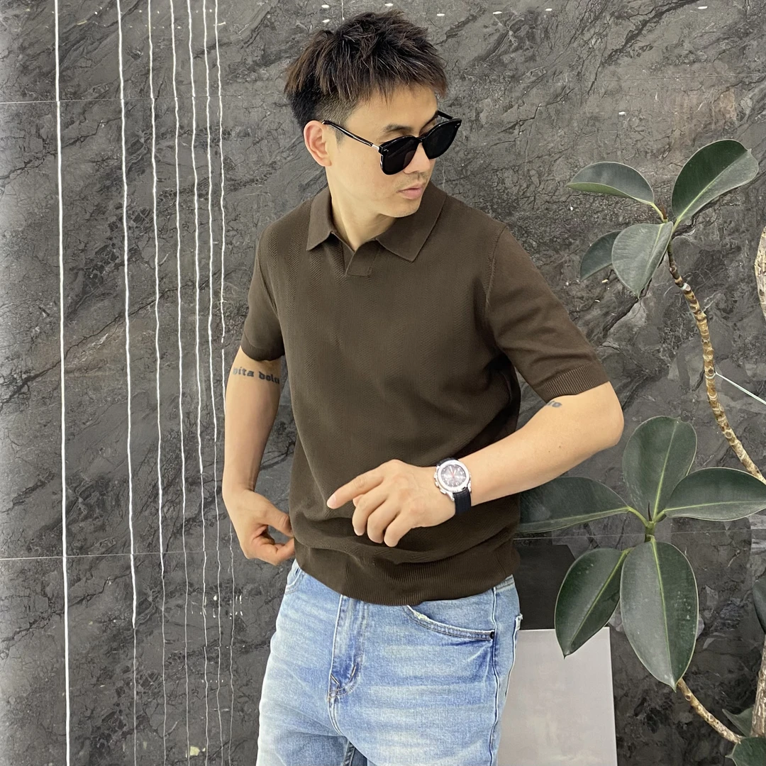 夏季复古轻薄修身无扣翻领针织V领Polo衫英伦痞帅雅痞凉感男款T恤