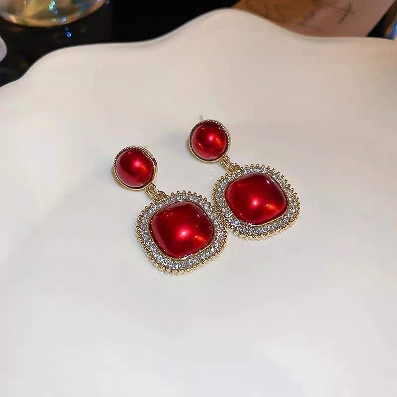 合金锆石耳饰 C-944红色喜庆耳环名媛港风结婚气质高级礼服耳饰