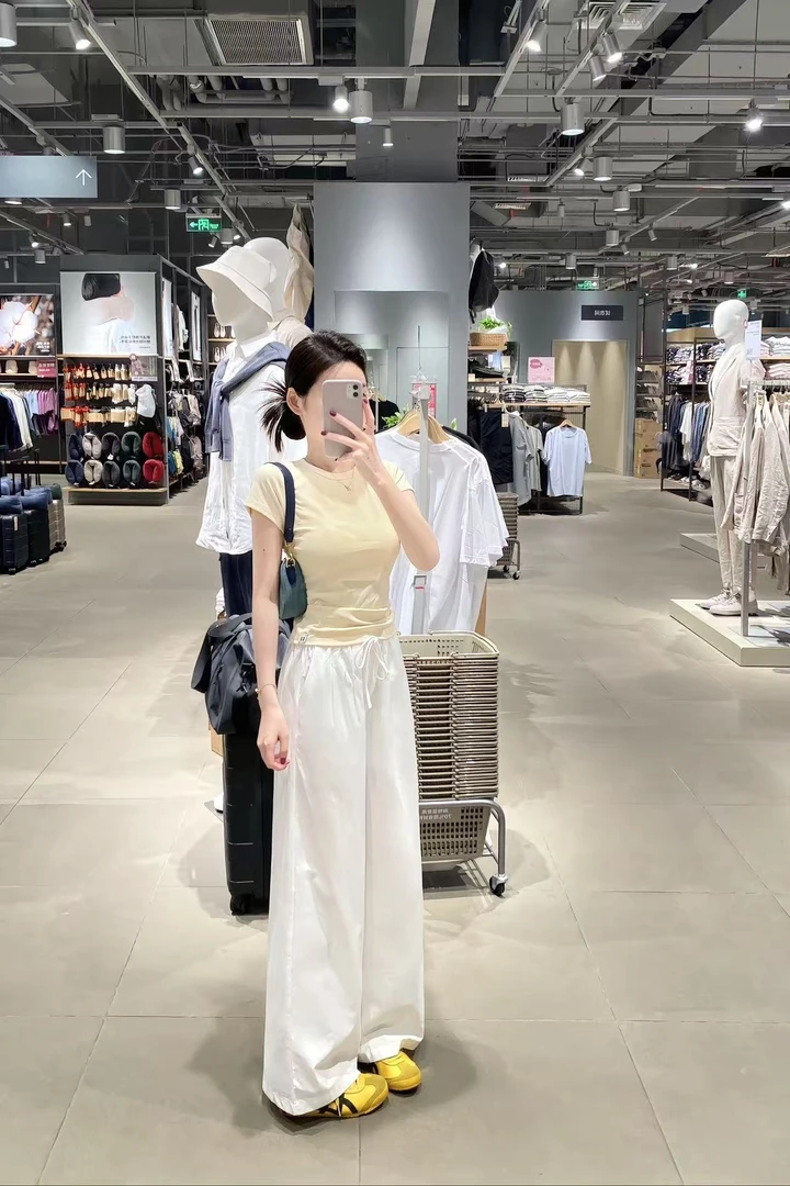 2025春夏新款黄色简约百搭正肩短袖t恤气质休闲阔腿休闲裤两件套