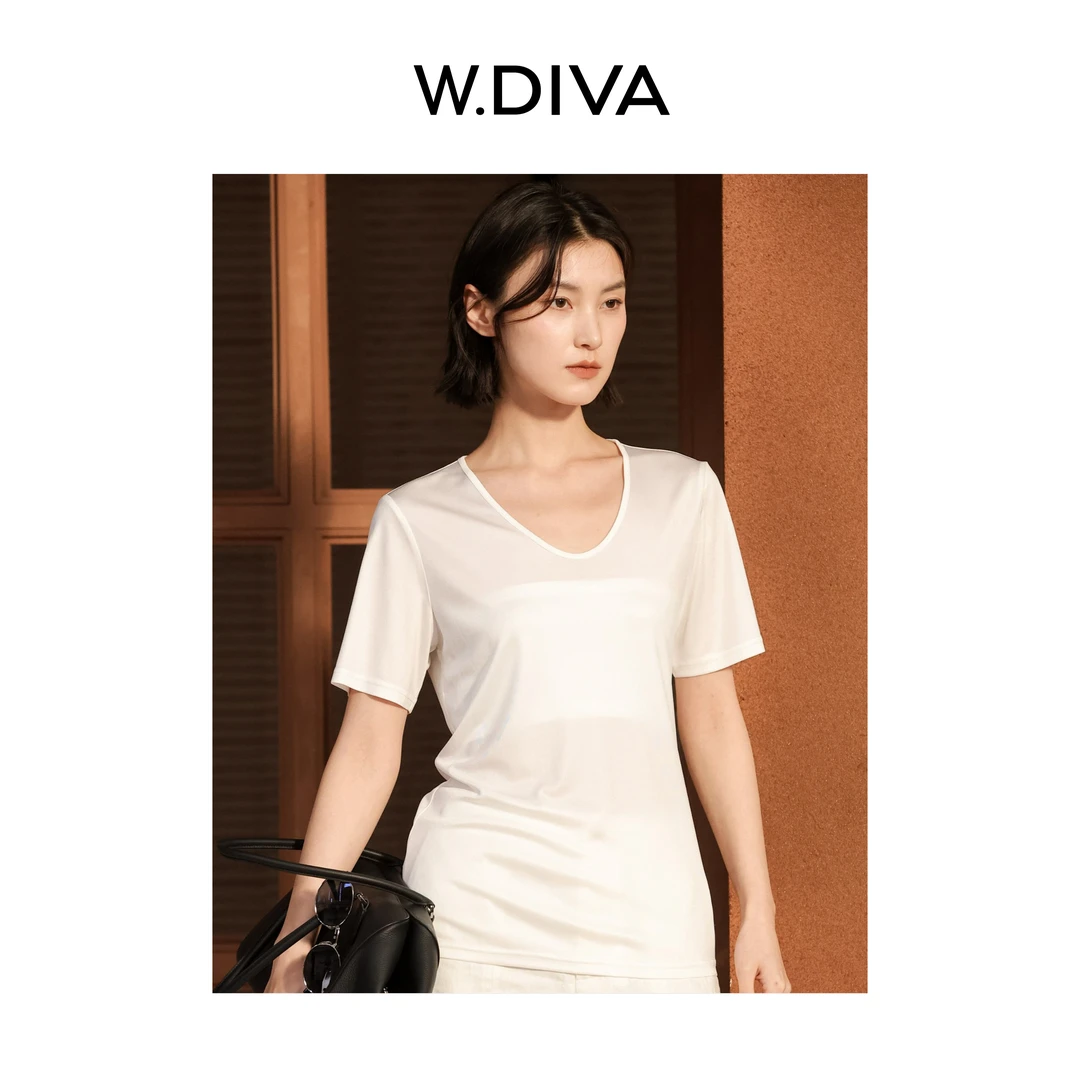 W.Diva【素羽】醋酸纯色简约时尚百搭休闲V领短袖T恤女51T201873