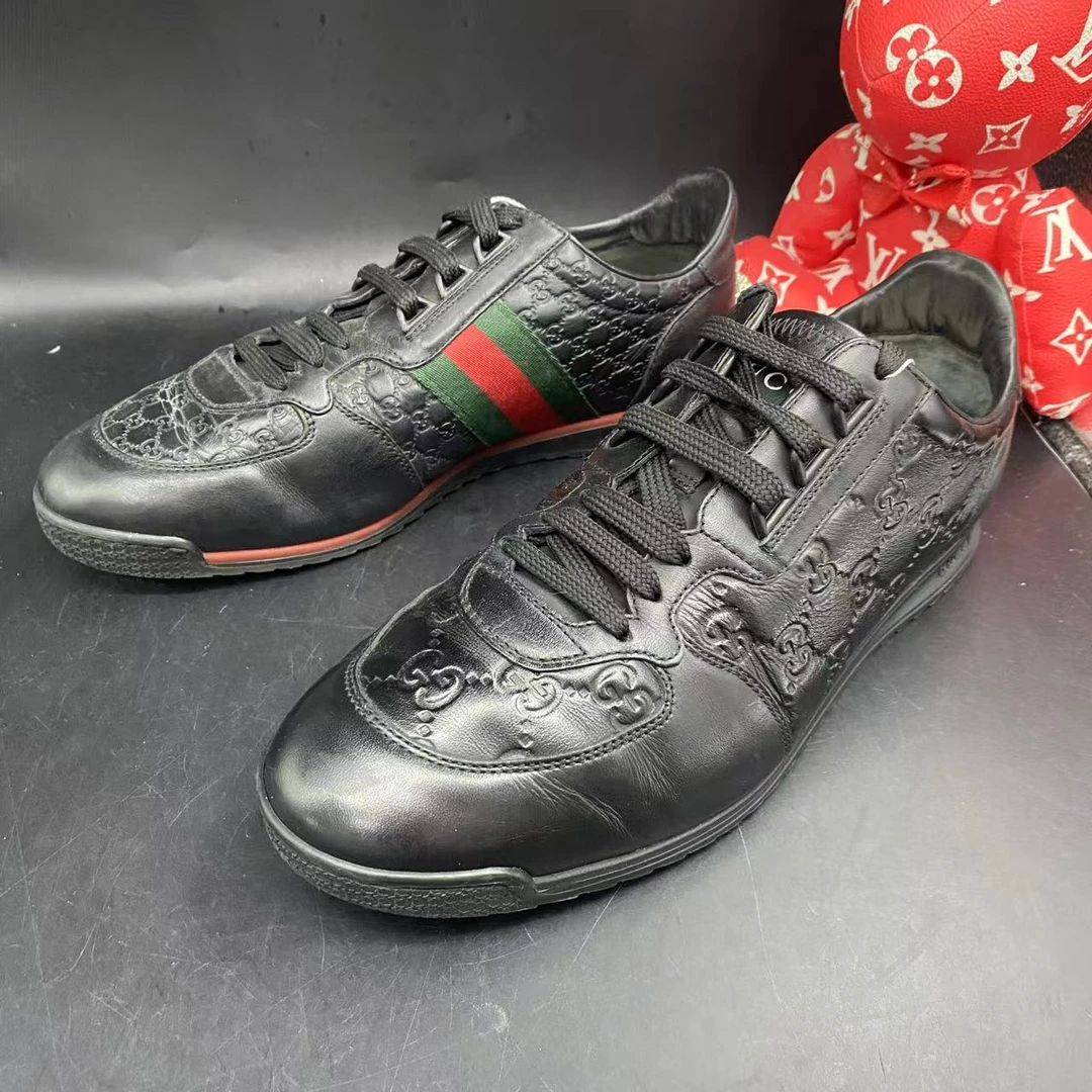 95新 GUCCI/古驰 黑色压印老花ACE高尔夫板鞋42欧码cat819