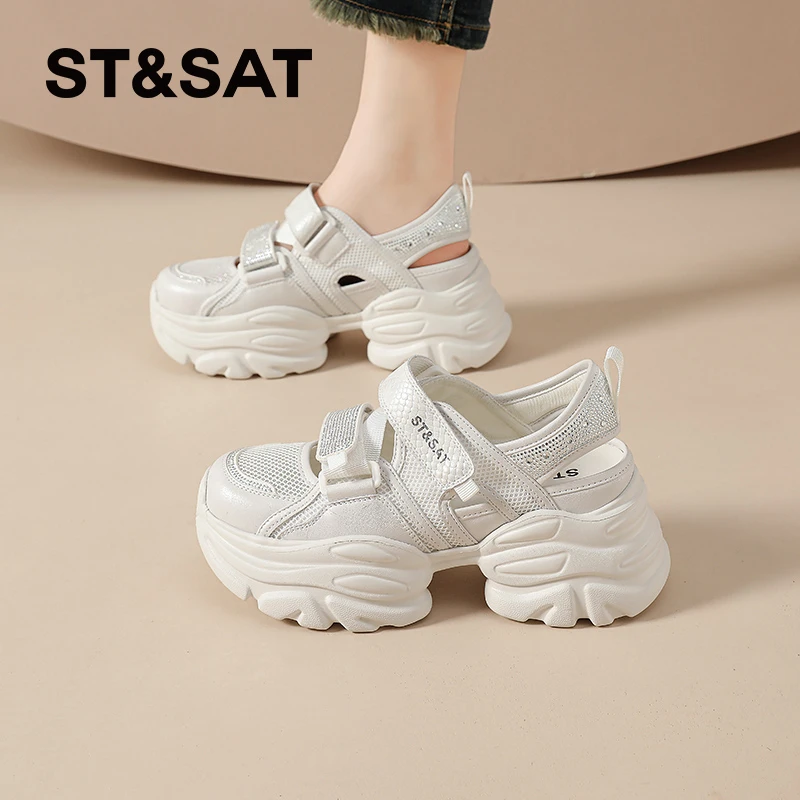 星期六包头凉鞋女士2025新款夏季厚底透气休闲鞋时尚镂空小白单鞋