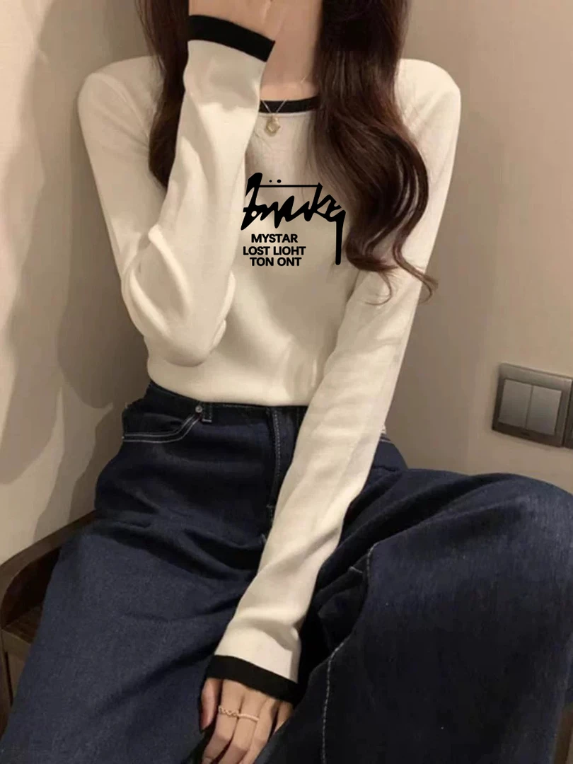 韩版正肩圆领t恤女减龄洋气春秋新款白色修身显瘦长袖打底衫上衣