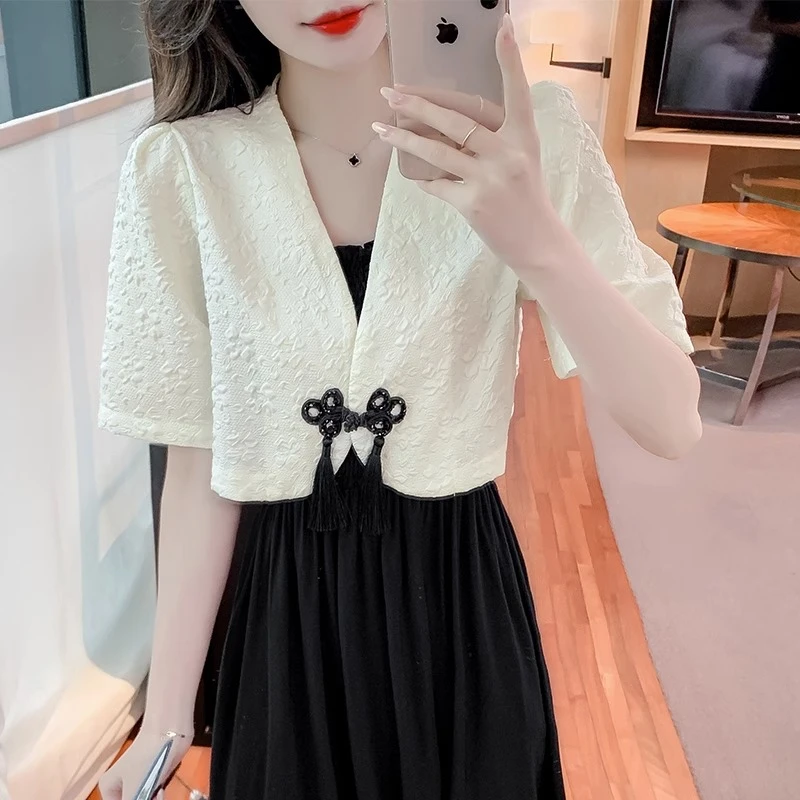 9181新中式国风盘扣开衫短外套女夏季裙子外搭小个子薄款披肩上衣