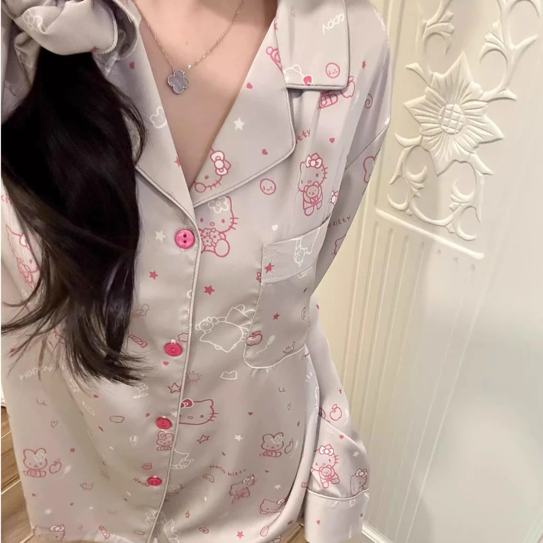 银粉kitty猫网红高级感凯蒂猫冰丝睡衣女套装2025春夏新款家居服