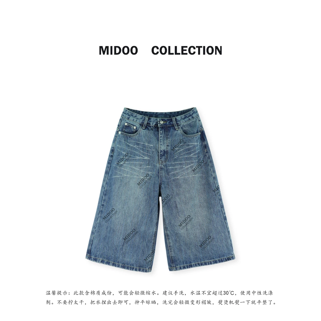 MIDOO ‘立体褶皱’美式复古做旧七分牛仔中裤