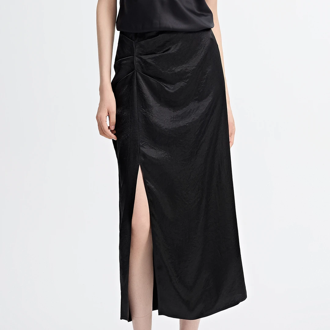 三彩3COLOUR夏女精致通勤侧边抓褶长裙S25212207Q00