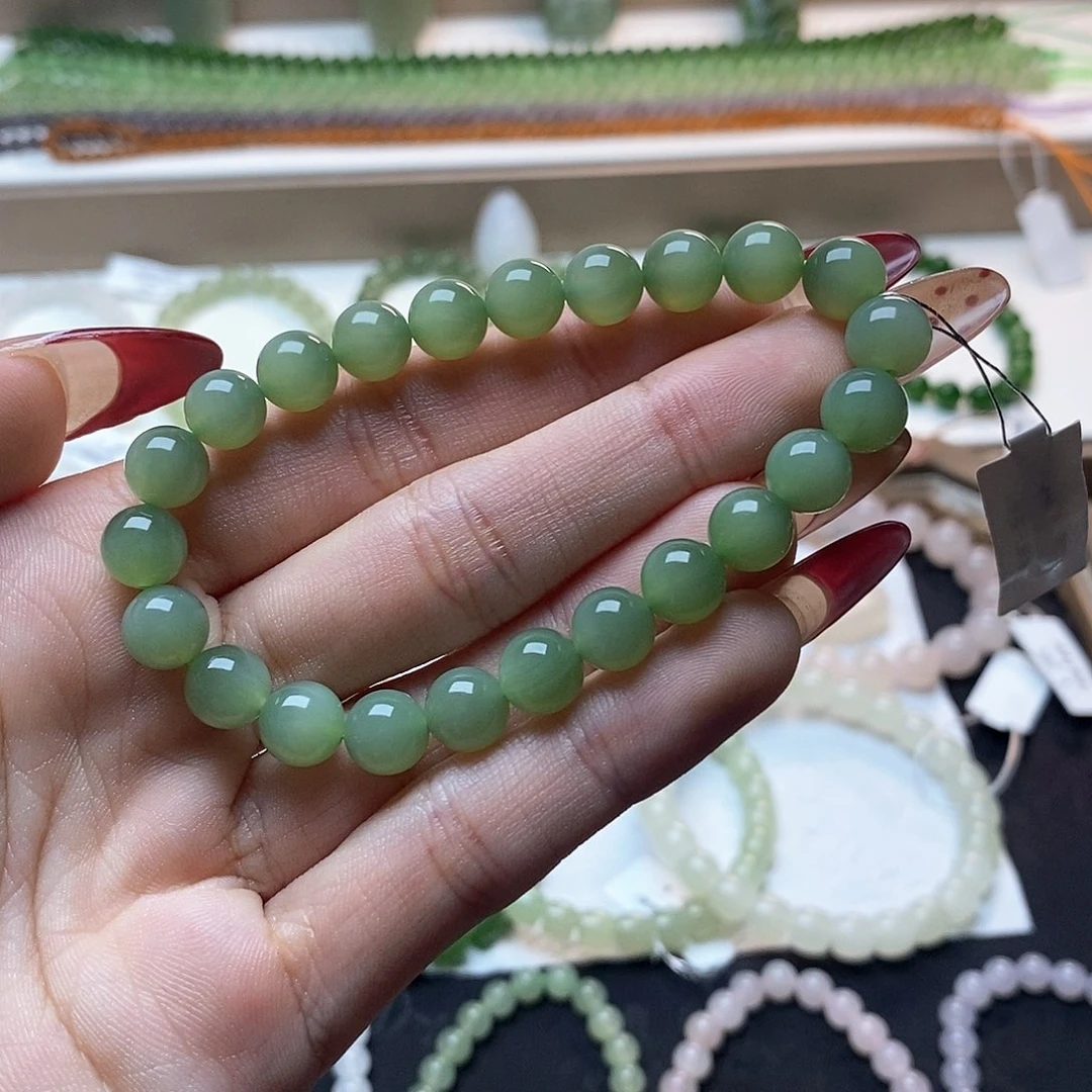 和田玉手链未镶嵌粉青猫眼卡八