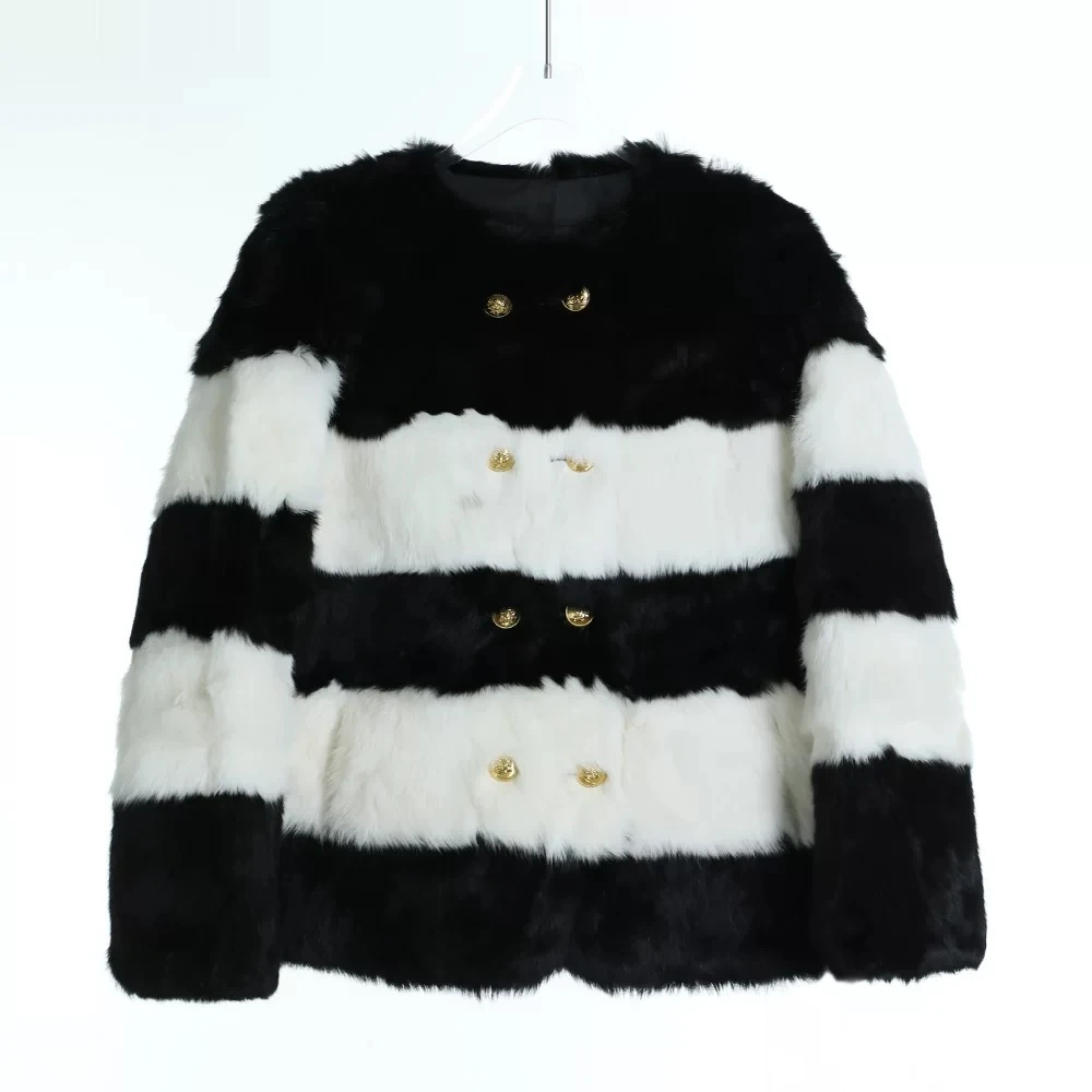 2024海宁新款撞色条纹年轻时尚兔毛小香风女款短外套