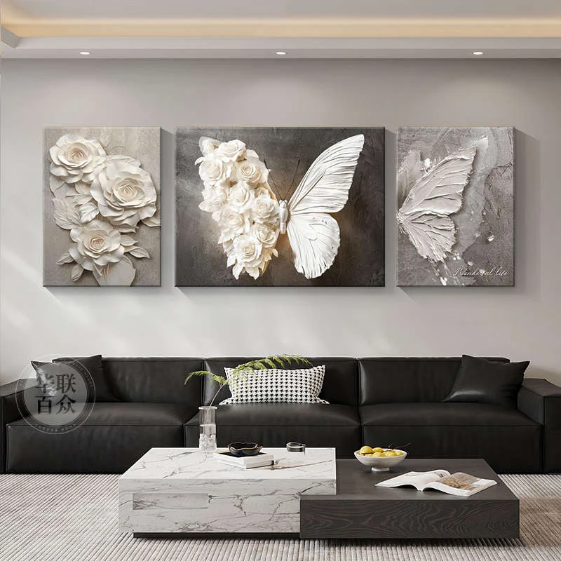 高级感黑白蝴蝶客厅装饰画砂岩立体感沙发背景墙挂画抽象三联壁画