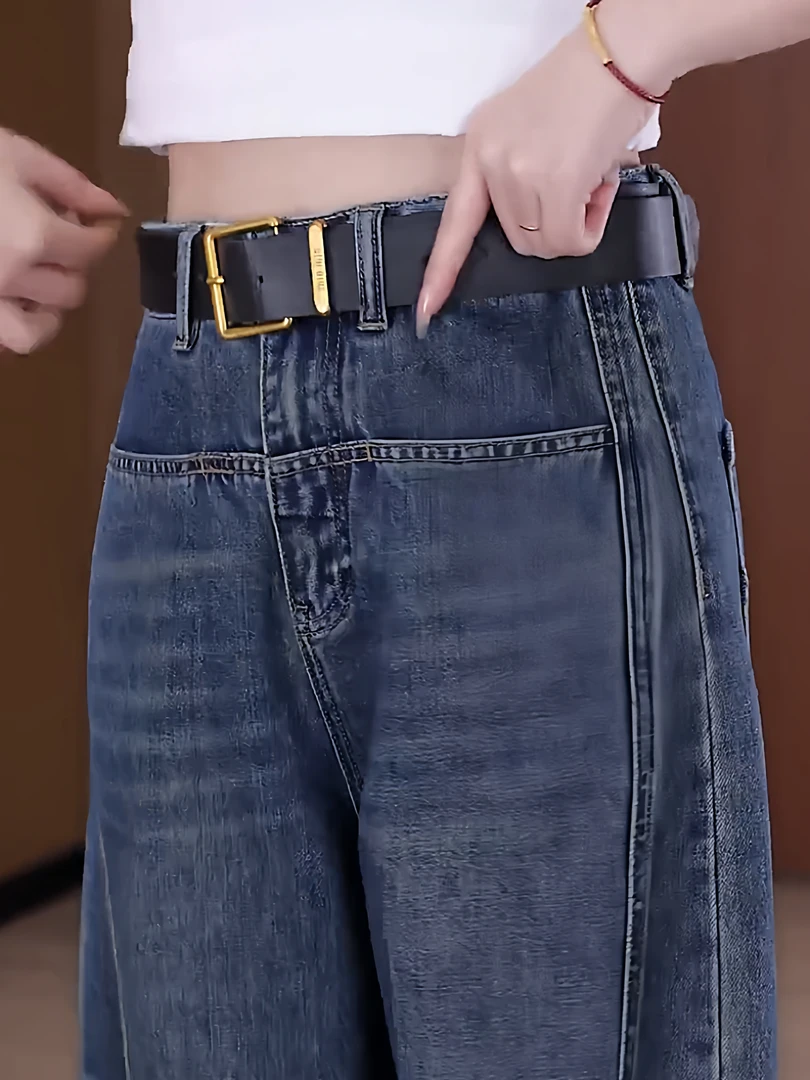 复古窄版阔腿牛仔裤女秋季新款胖mm高腰显瘦百搭小个子弯刀直筒裤