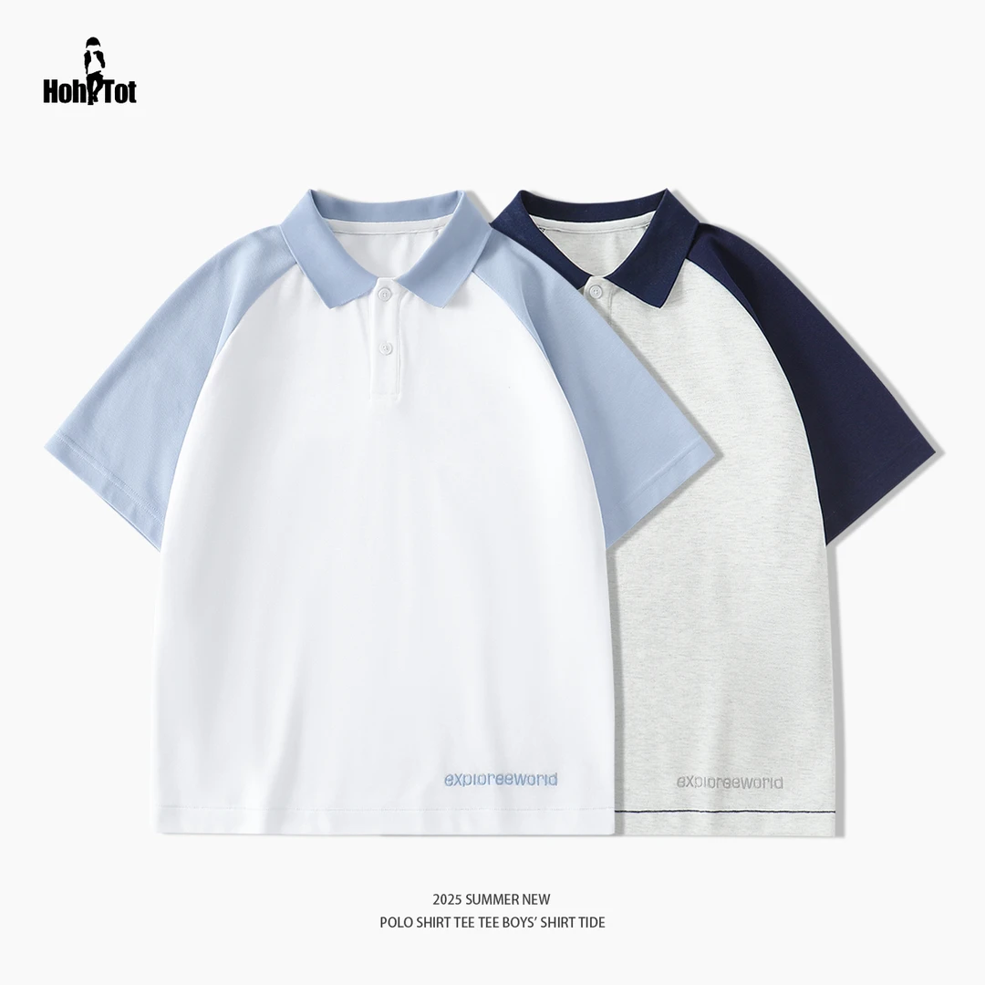 现货【新品上新】青少年短袖T恤2025夏季装中大男童POLO衫拼色上衣