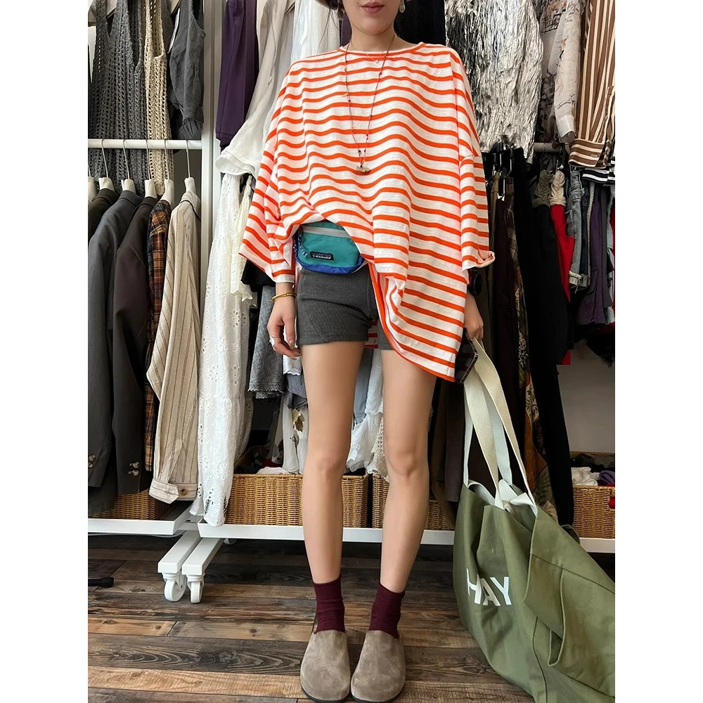 休闲短袖t恤女2025新款夏季条纹半袖体恤显瘦遮肚子圆领宽松上衣