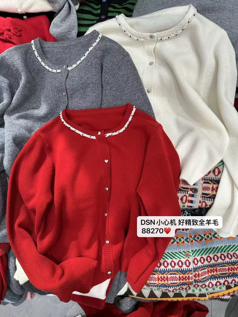 88270#小香风重工钉珠圆领单排扣针织开衫保暖毛衣外套