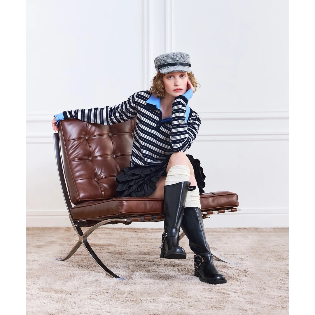 【MonTendre】秋季新款 E 时尚减龄条纹拼接双领针织长袖POLO衬衫