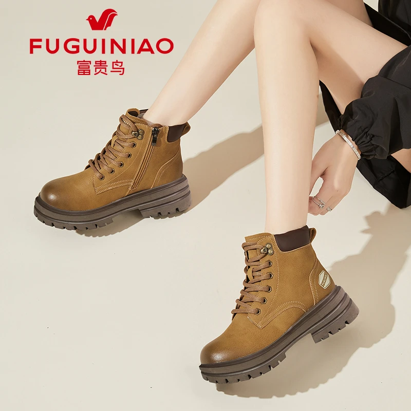 FUGUINIAO/富贵鸟真皮马丁靴新款女潮鞋秋冬季英伦风短靴加绒皮鞋