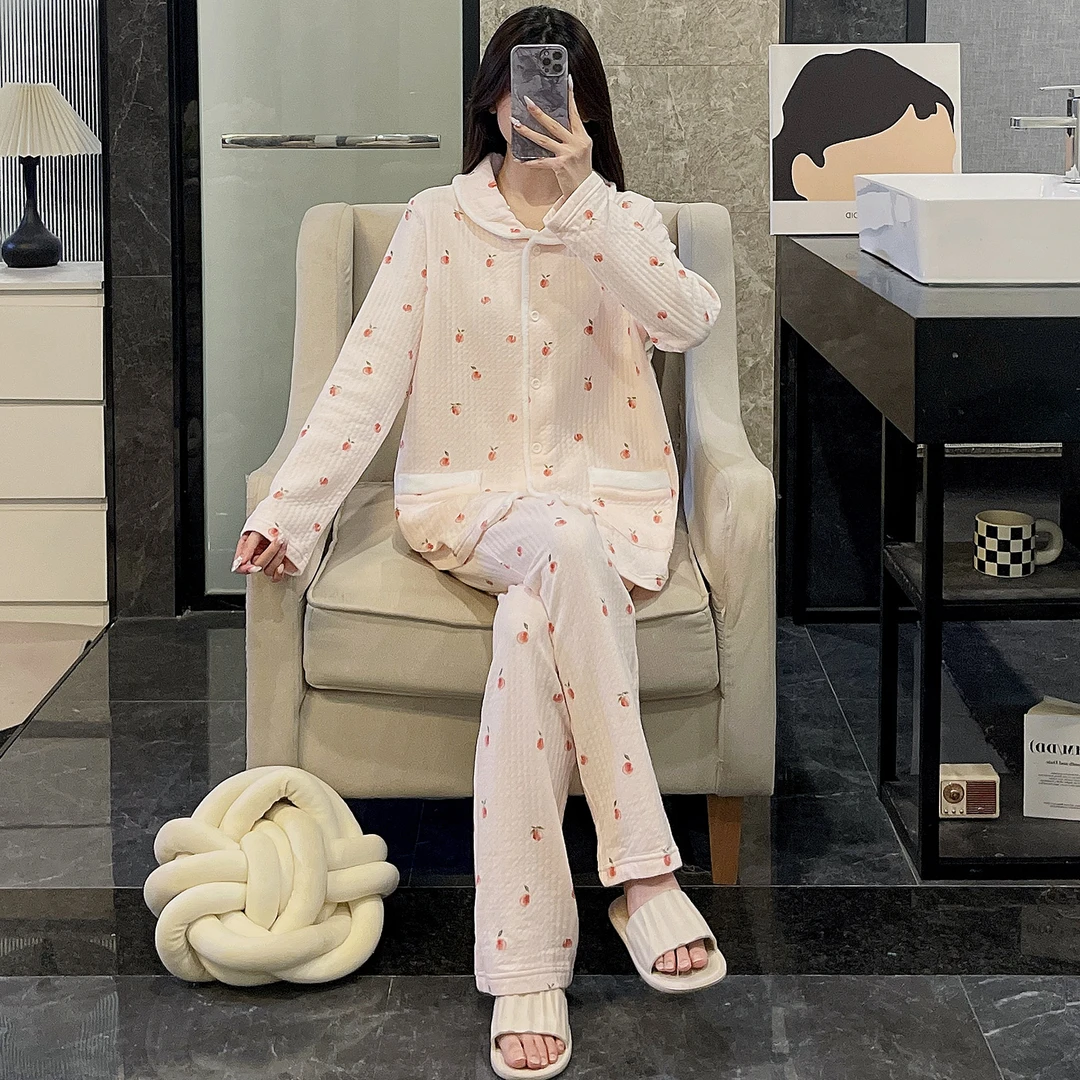 睡衣女士秋冬季长袖大码夹层2025新款红果套装可外穿家居服