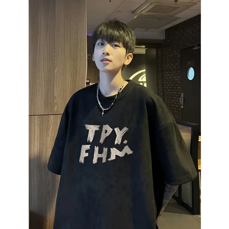 320g重磅仿麂皮绒短袖t恤男夏季精简清凉潮牌休闲五分袖宽松体恤