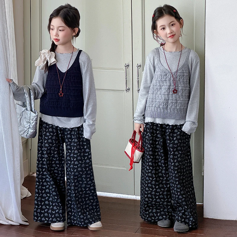 女童韩系套装春秋2025新款大童针织马甲打底衫碎花阔腿裤子三件套