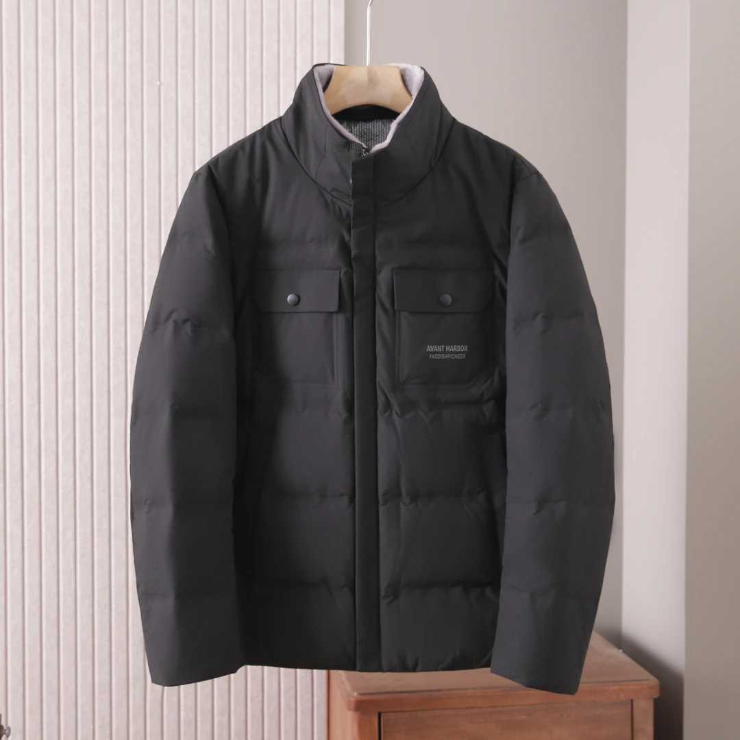 羽057-男士冬季黑色脱卸毛领净色多口袋白鸭绒外套休闲保暖羽绒服