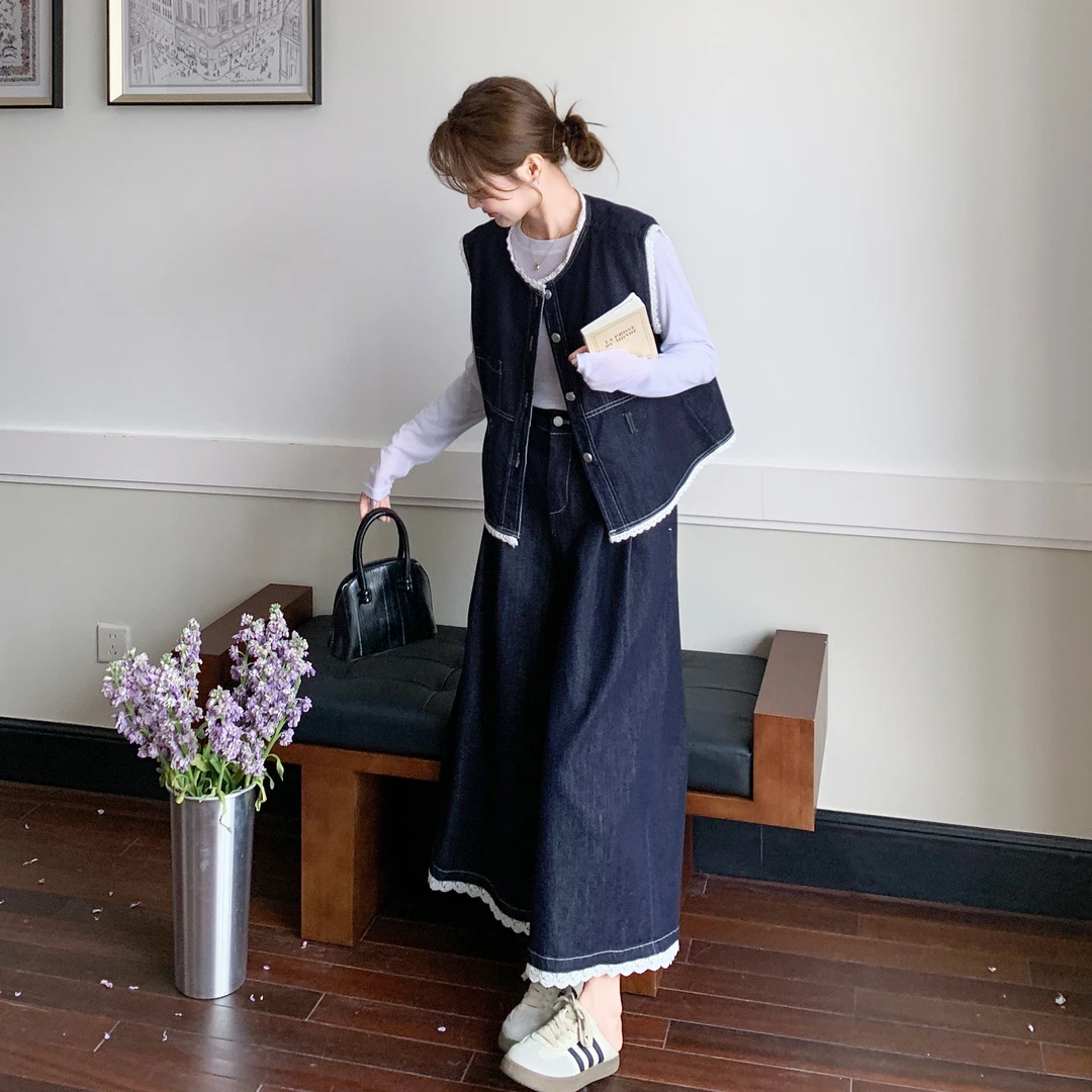 独特蕾丝拼接牛仔马甲内搭阔腿裤套装女春2025新款时尚收腰三件套