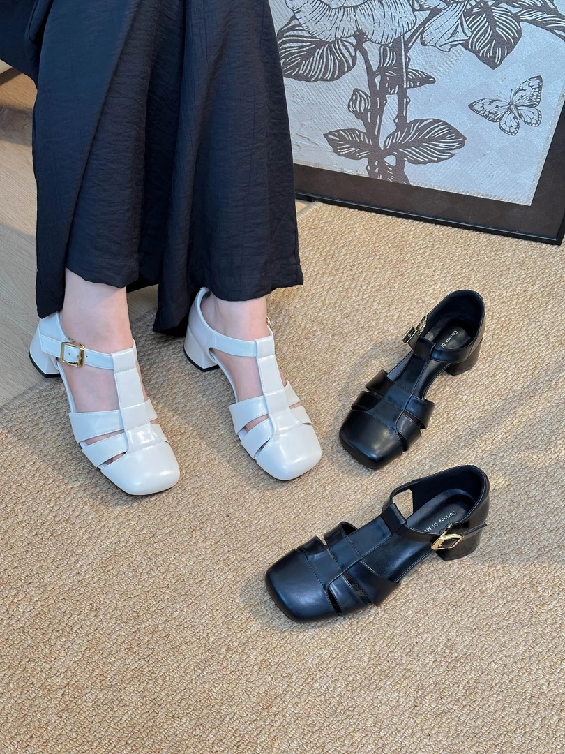 【西红氏联盟】粗跟一字扣带厚底纯色罗马凉鞋X22A3598D305-1跟高4