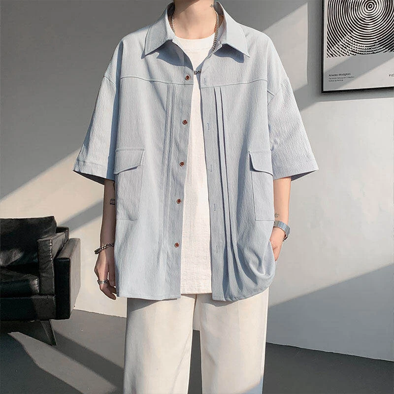 衬衫男褶皱设计夏季新款短袖衬衣男士休闲百搭痞帅薄款帅气外套男