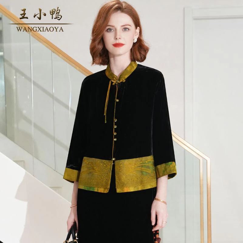 王小鸭2025春季新款桑蚕丝丝绒上衣时尚简约宽松上衣中式国风短款