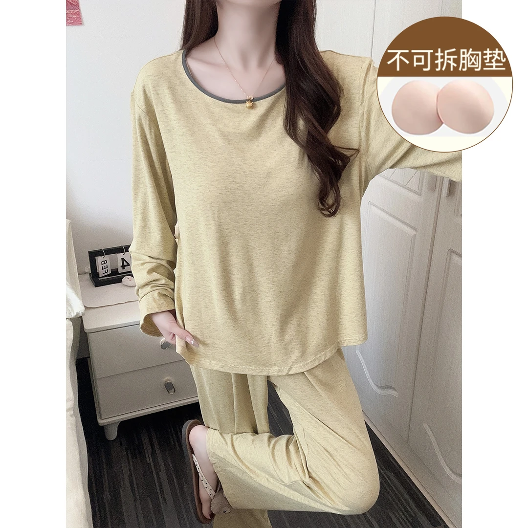 带胸垫睡衣女春秋季简约休闲风长袖长裤套装新款秋冬天家居服外穿