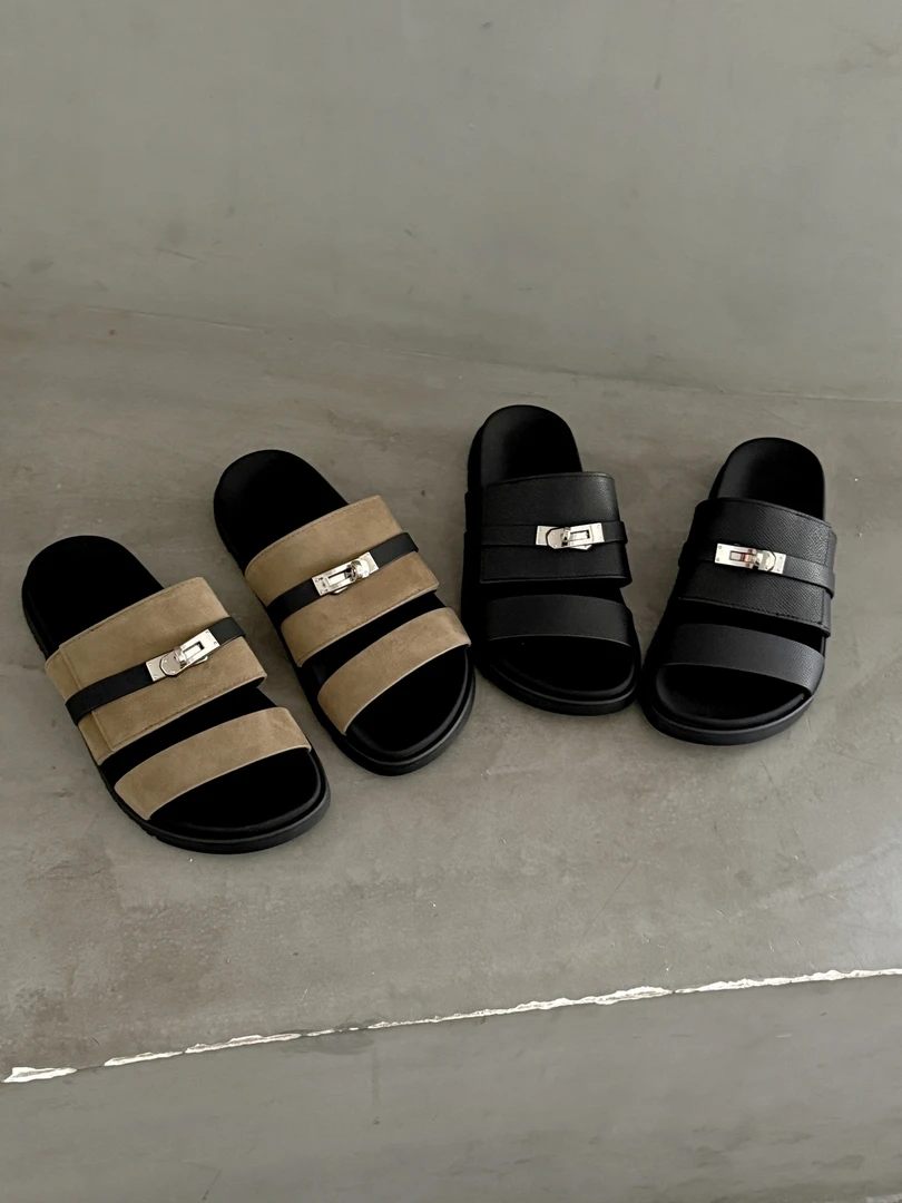 外贸真皮女士kelly扣软底厚底外穿高级感平底沙滩半拖凉拖鞋夏季