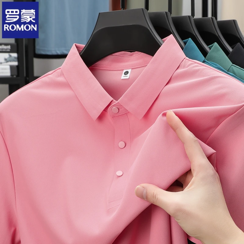 罗蒙冰丝速干透气短袖POLO衫男款2025新款宽松大码商务翻领T恤