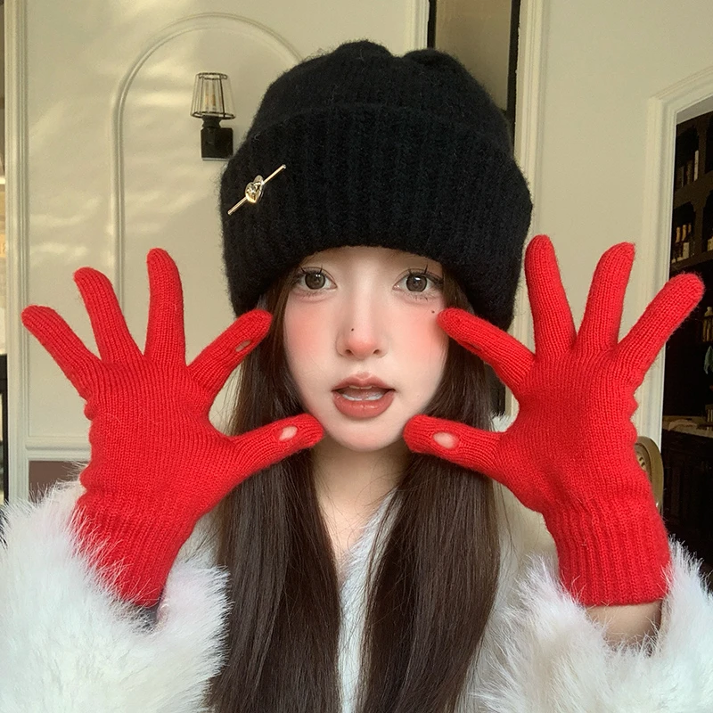 超可爱小熊韩版手套女冬季2025新款学生针织保暖防风寒骑行可触屏